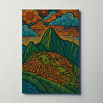 Machu Picchu Mountains Folk Art Travel Poster