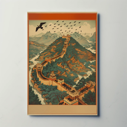 Great Wall Soaring Eagle Over Mountains Travel Poster