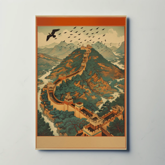 Great Wall Soaring Eagle Over Mountains Travel Poster