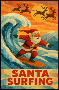 Santa Surfing Vintage Holiday Beach Art Poster