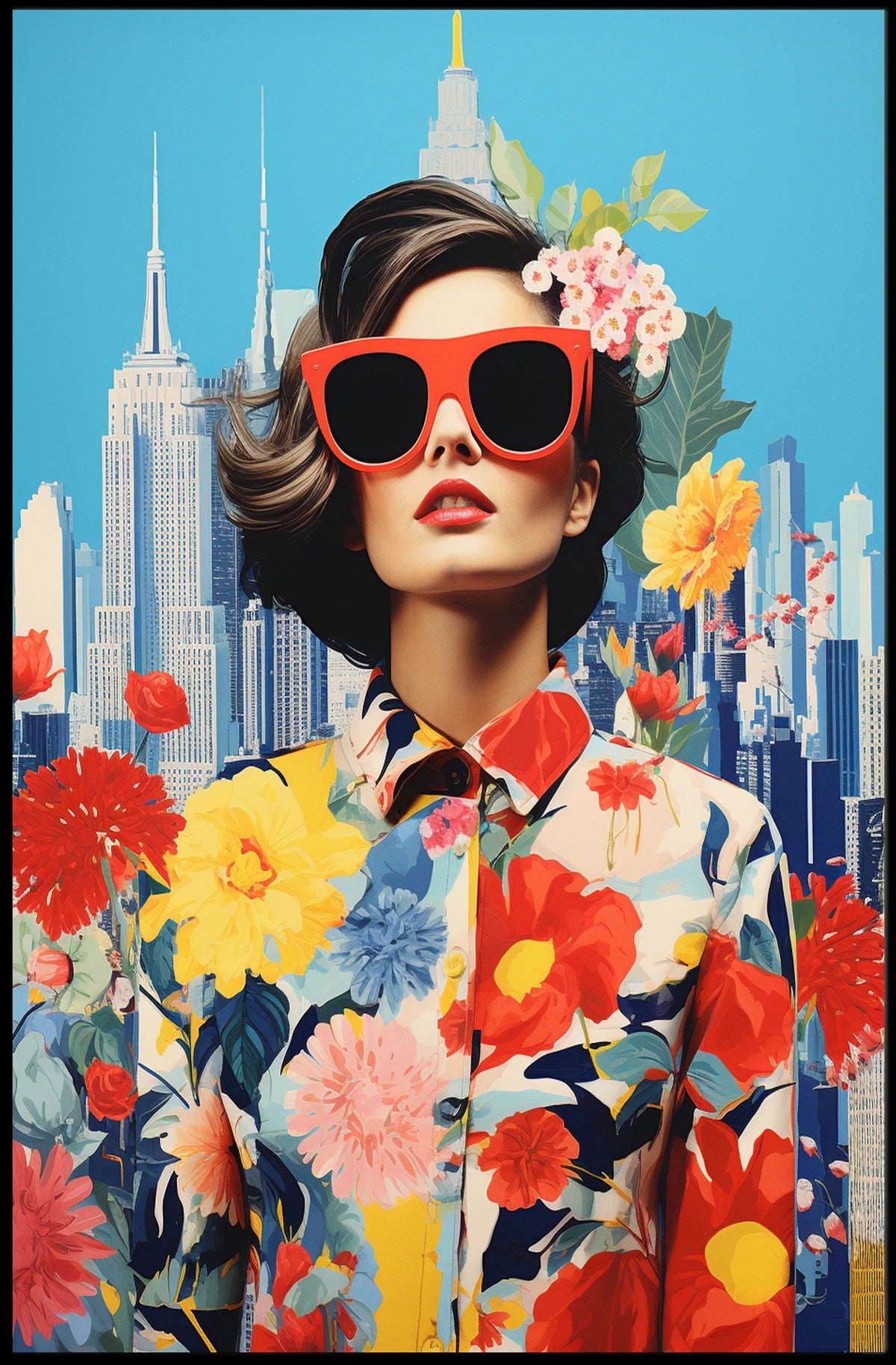 Fashionable Woman in Vibrant Urban Cityscape Poster