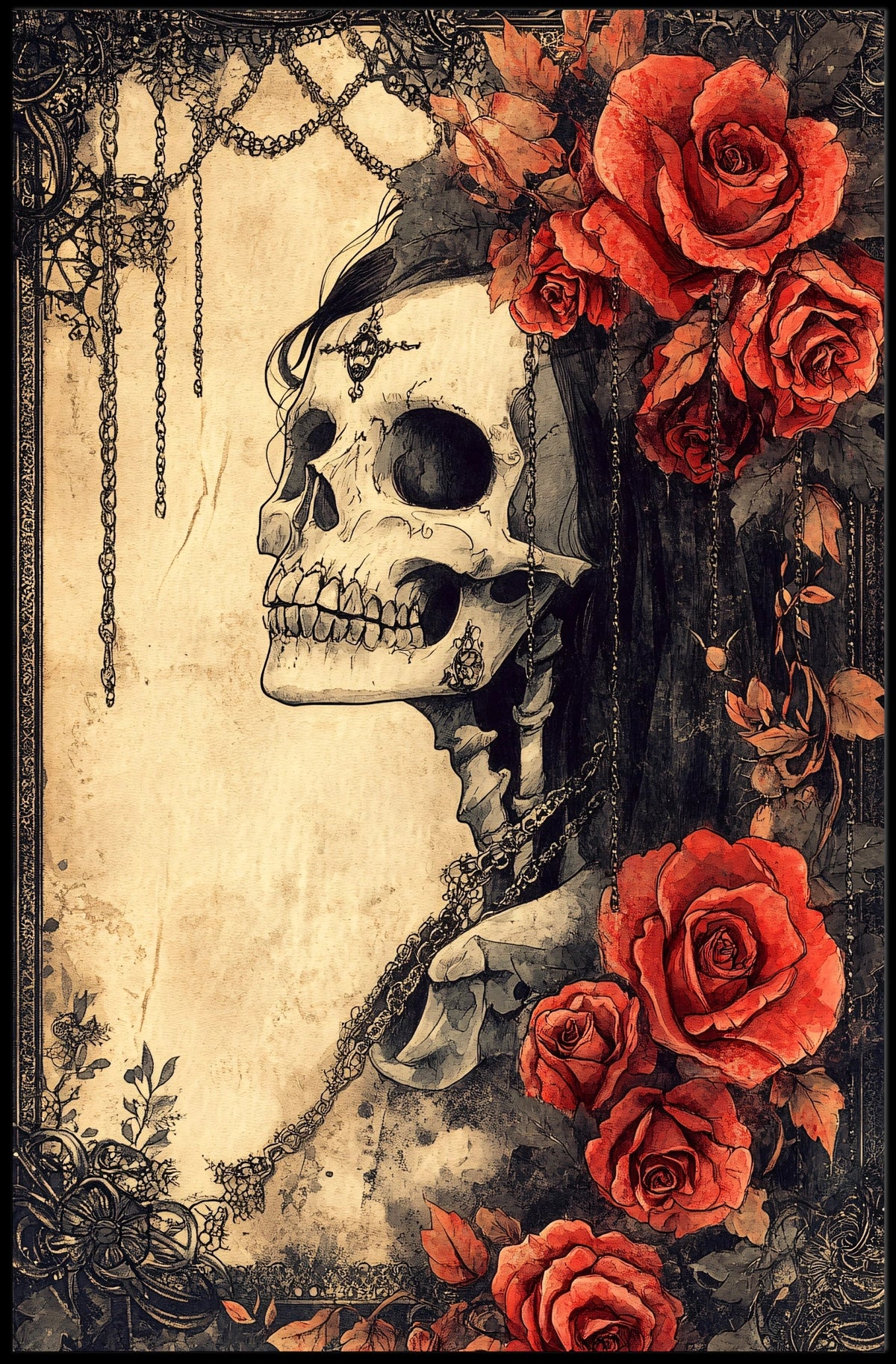 Gothic Skull and Roses: Abstract, Artistic, or Pop Culture Poster