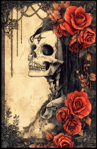 Gothic Skull and Roses: Abstract, Artistic, or Pop Culture Poster