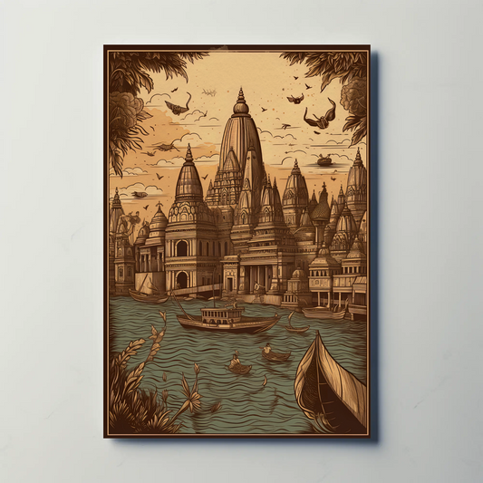 India Ganges Temples Boats Monks Varanasi Travel Poster