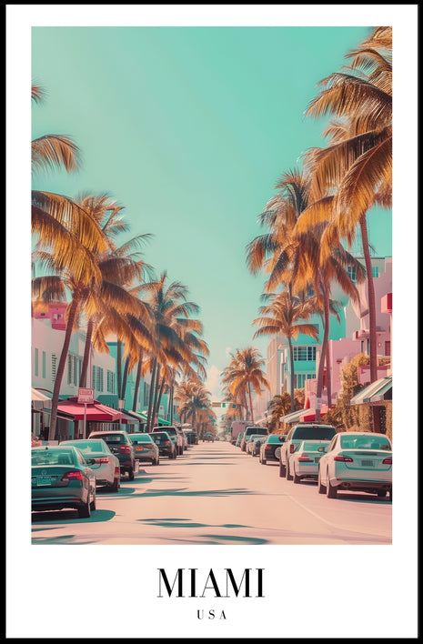 Vibrant Miami Street Scene Vintage Urban Cityscape Poster