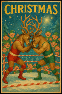 Whimsical Reindeer Wrestling Match: Christmas Pop Culture Poster