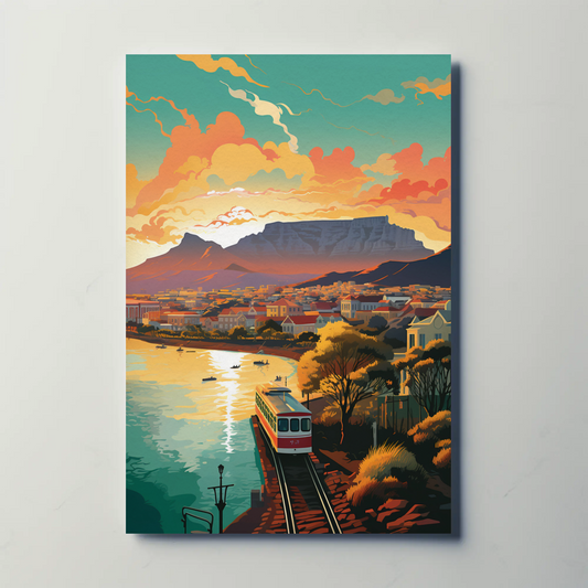 Cape Town Railway Train Coastal View Sunset Travel Poster