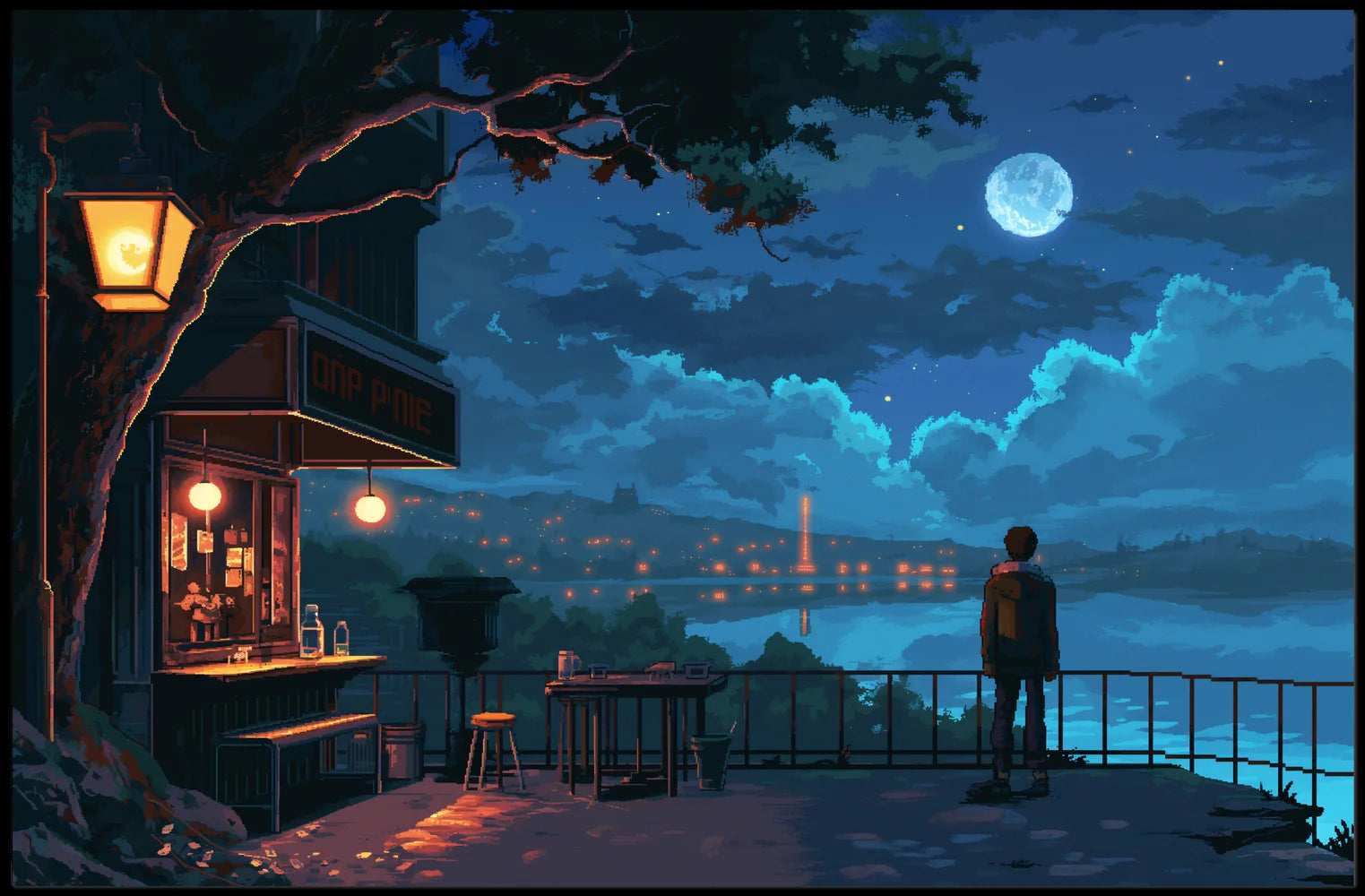 Moonlit Terrace: Pixel Art Nightscape Poster