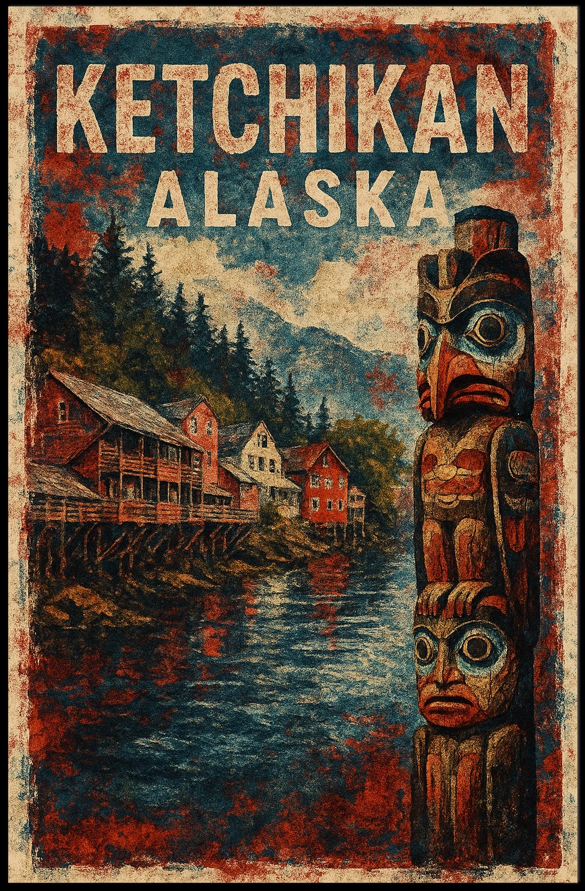 Ketchikan Alaska Coastline Watercolor Wanderlust Poster