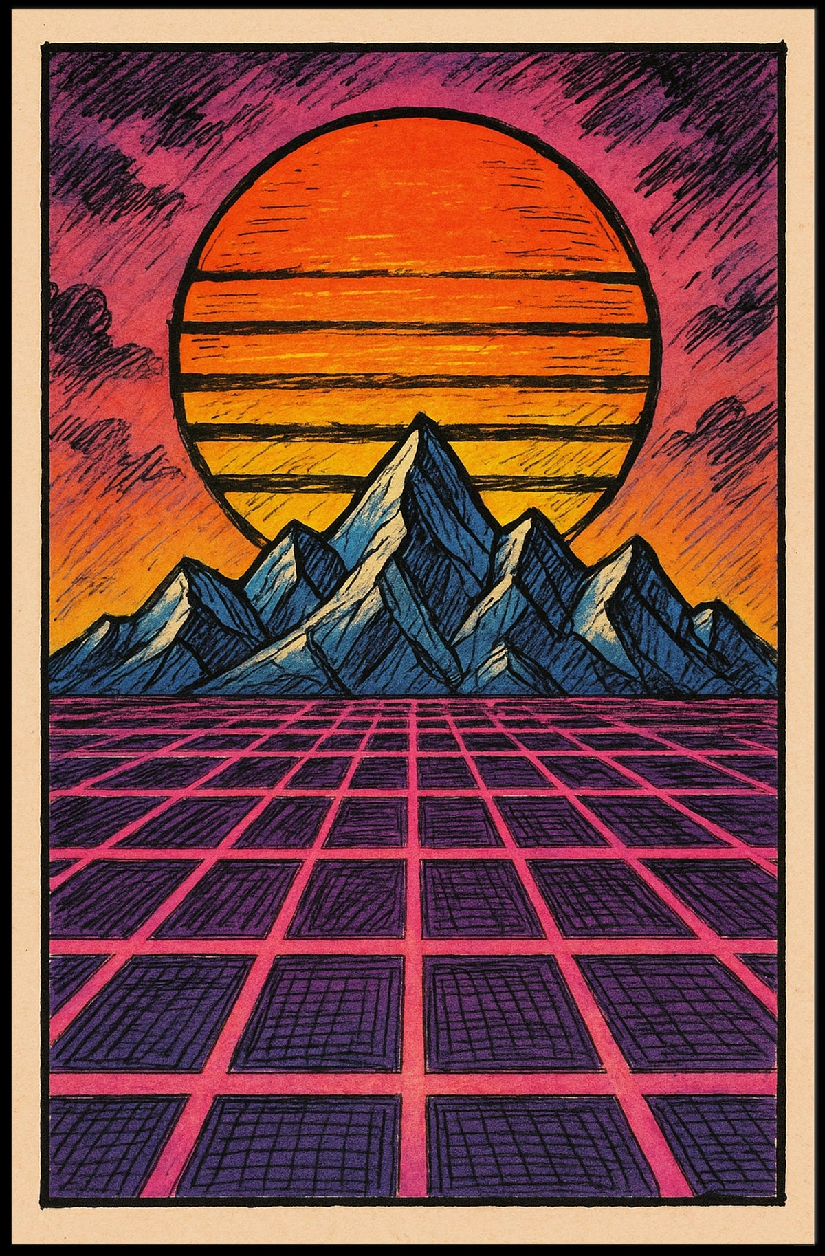 Retro-Futuristic Sunset over Mountains: Futuristic Sci-Fi Poster