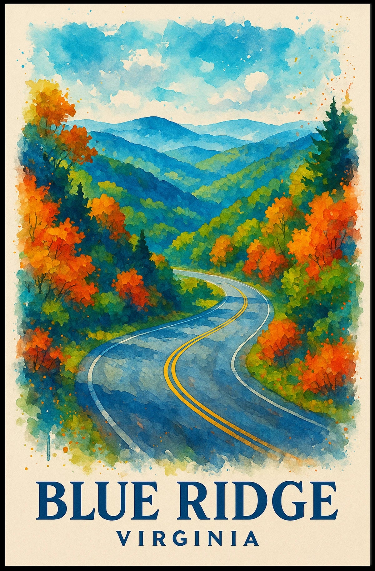 Blue Ridge Mountains Watercolor Scenic Fall Poster