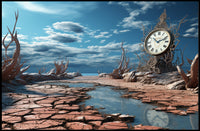 Surrealistic Timepiece in Arid Dreamscape Artistic Poster