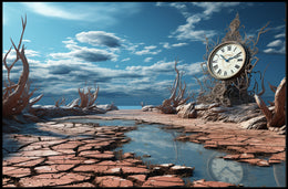 Surrealistic Timepiece in Arid Dreamscape Artistic Poster