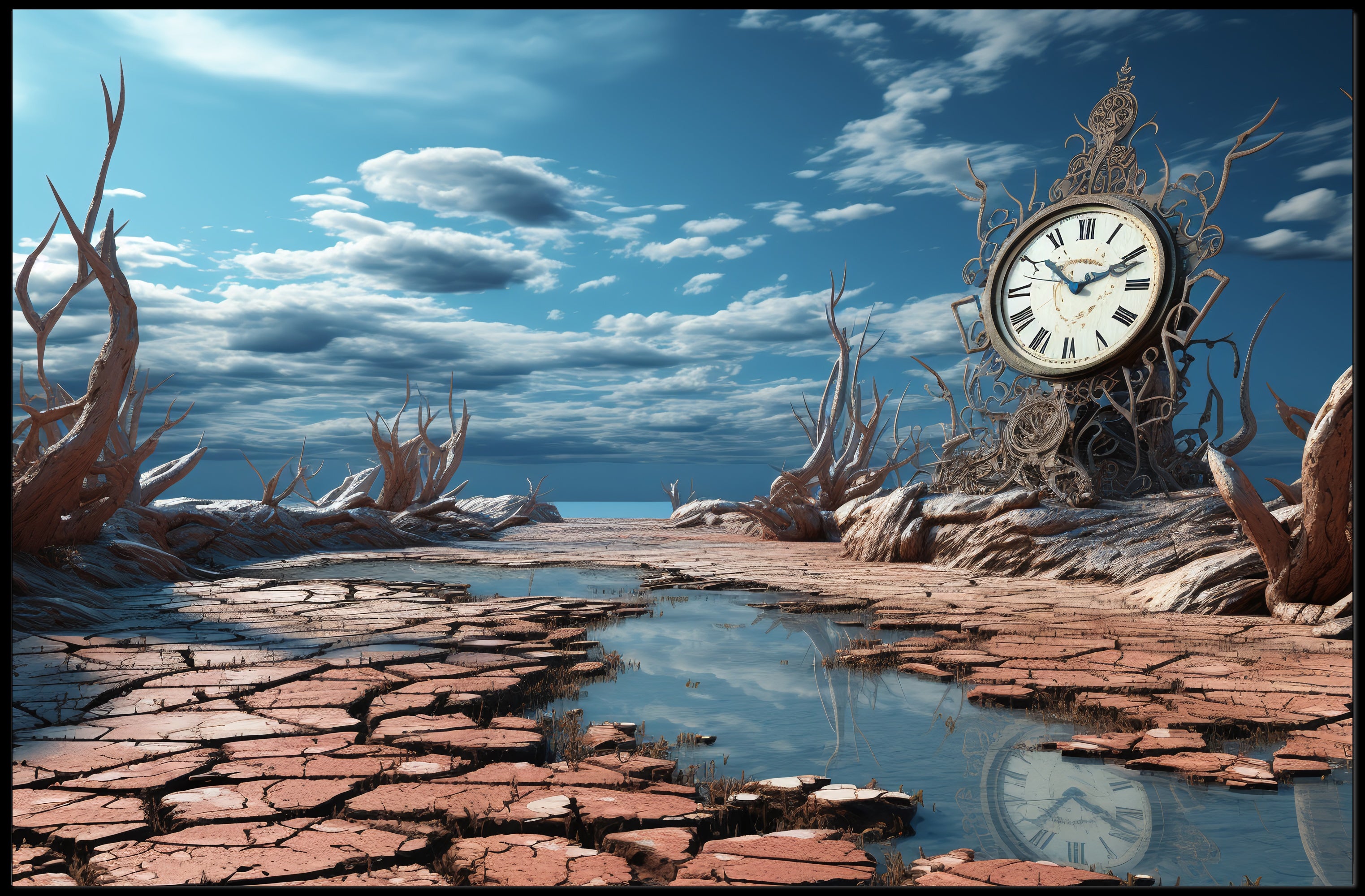 Surrealistic Timepiece in Arid Dreamscape Artistic Poster