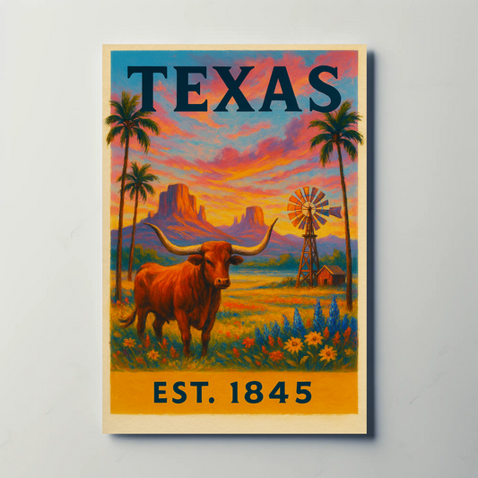 Texas Sunset Longhorn Windmill Landscape Travel Poster