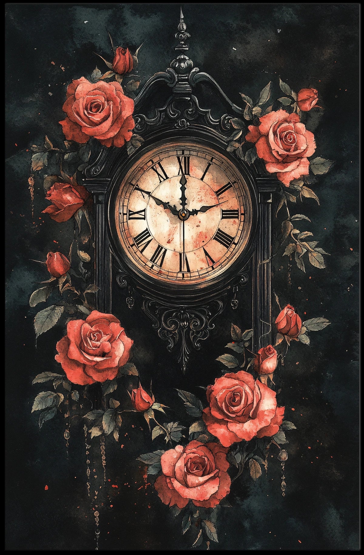 Gothic Victorian Clock with Red Roses Artwork Poster