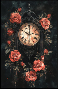 Gothic Victorian Clock with Red Roses Artwork Poster