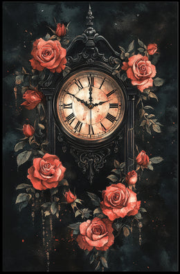 Gothic Victorian Clock with Red Roses Artwork Poster