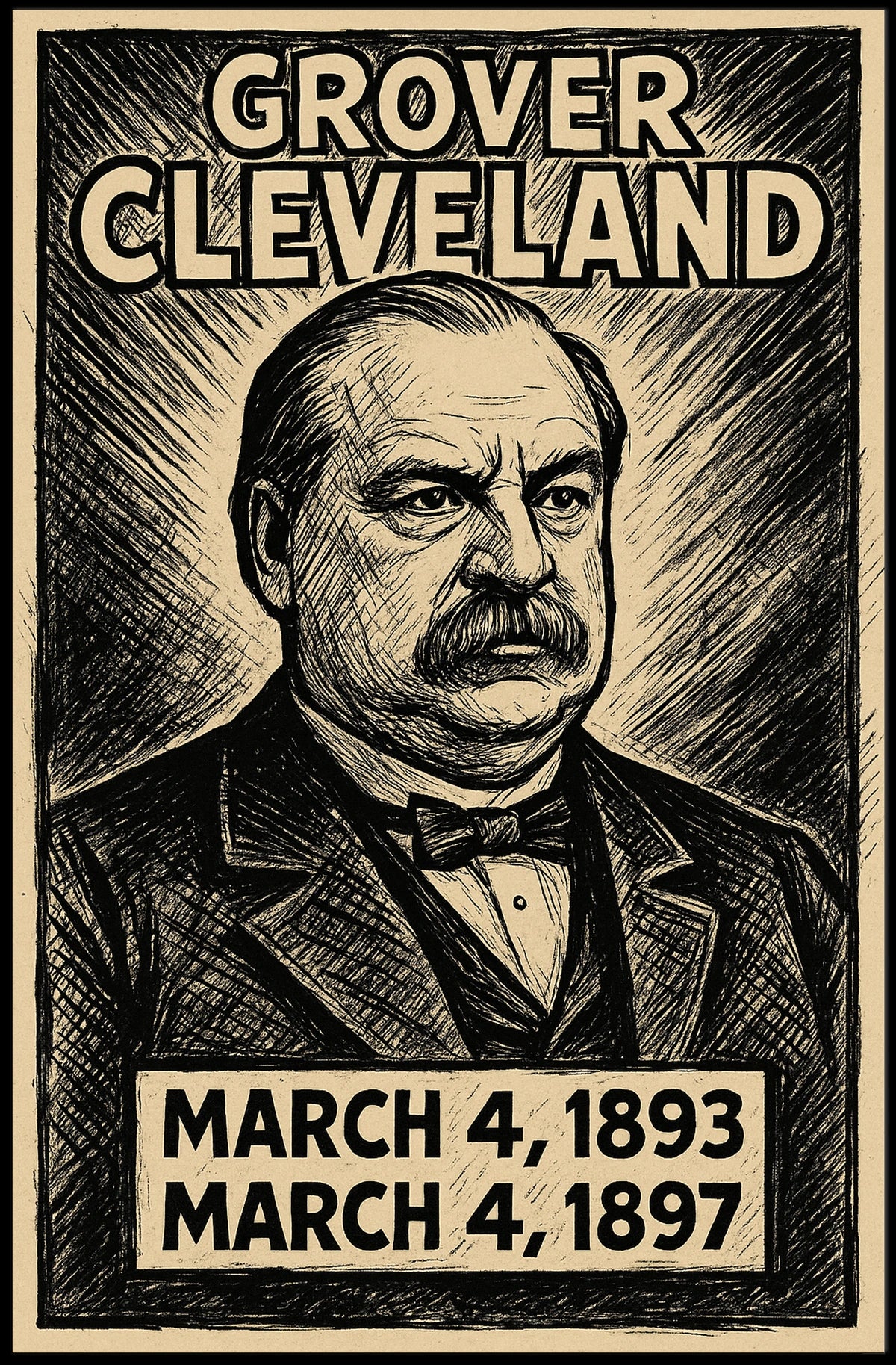 Grover Cleveland 24th President of the United States B & W Comic Sketch Poster