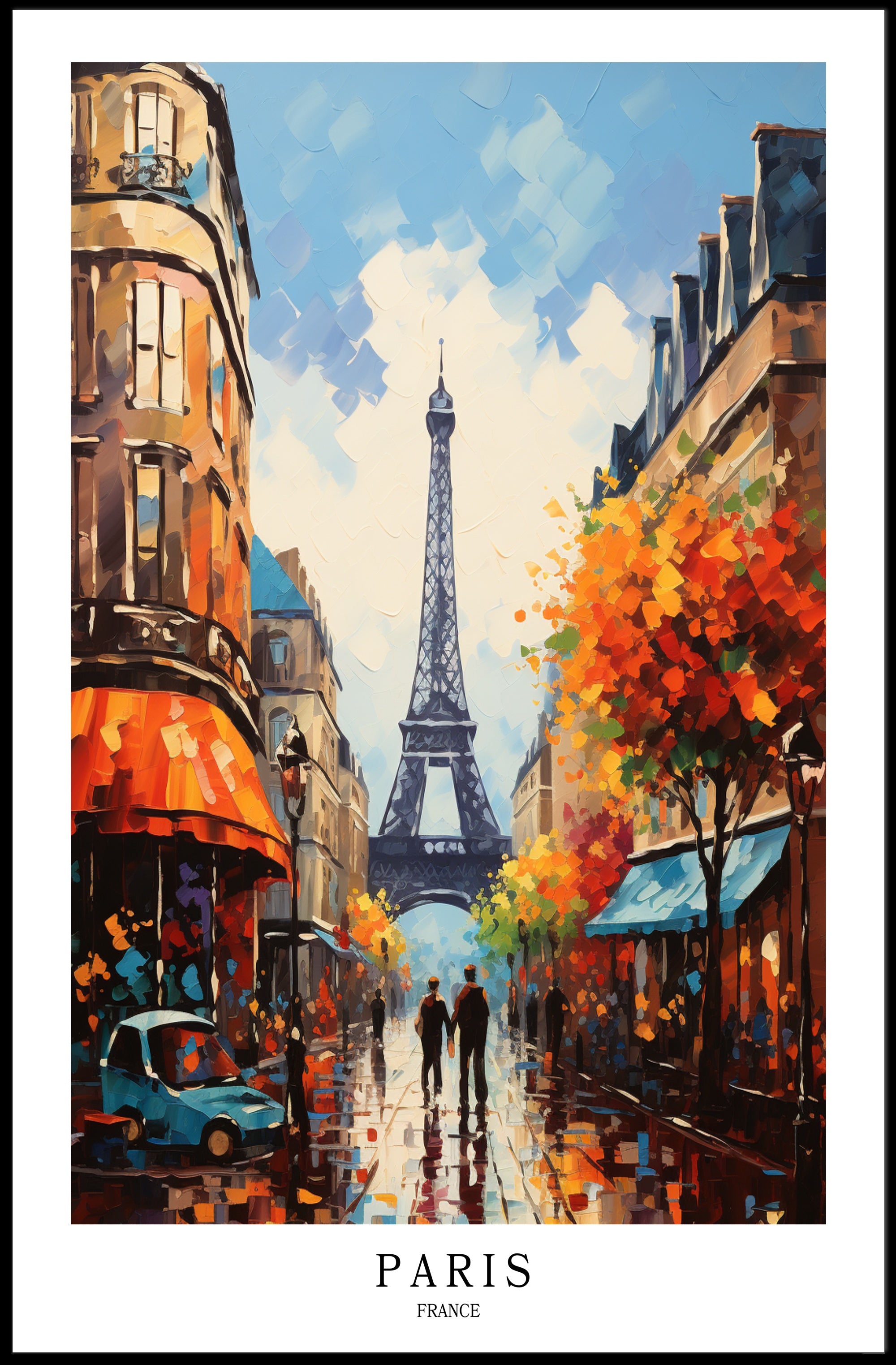 Parisian Street with Eiffel Tower Urban Cityscape Poster PosterGoat