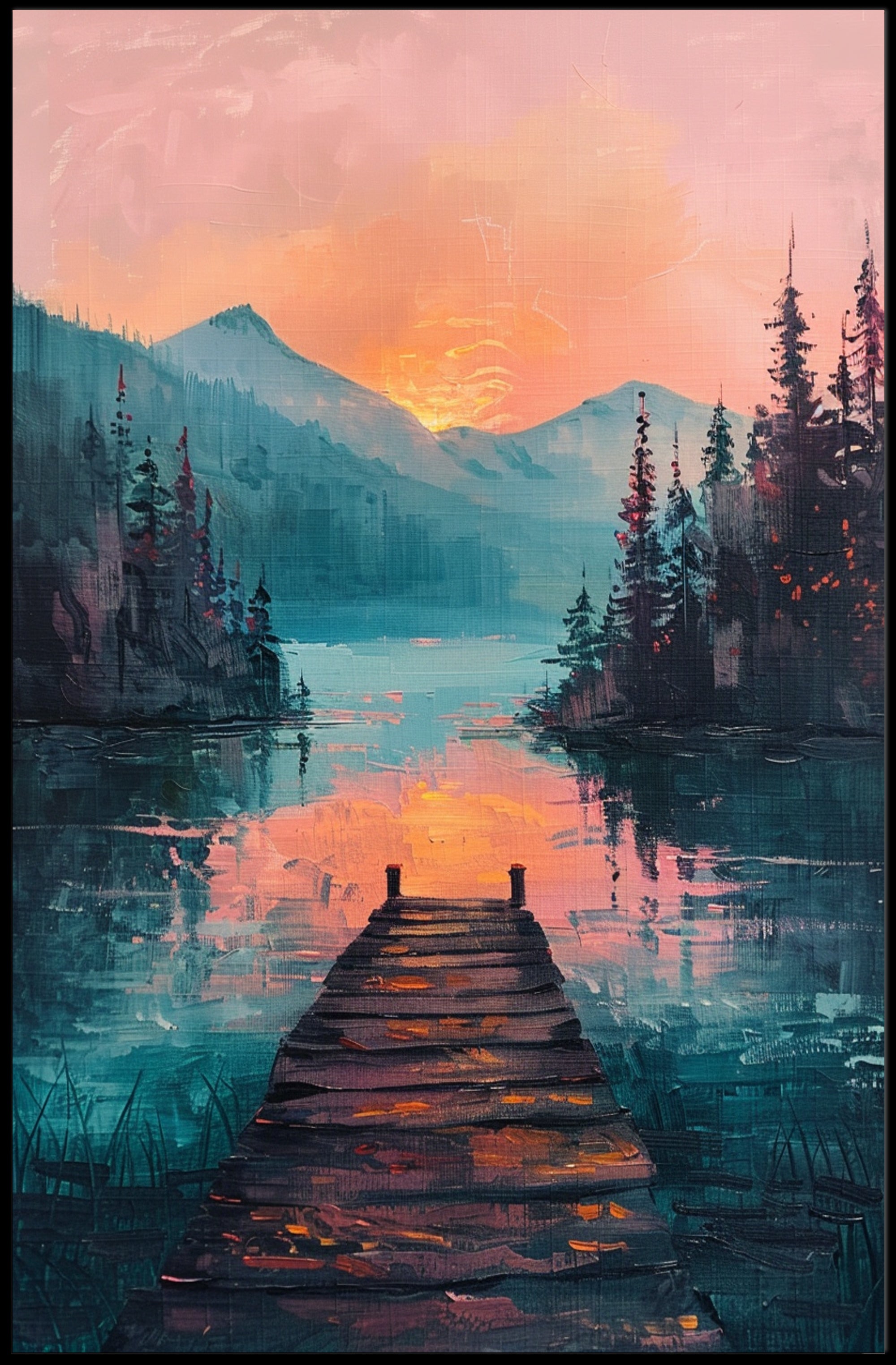 Serene Lakeside Sunset Artistic Poster PosterGoat