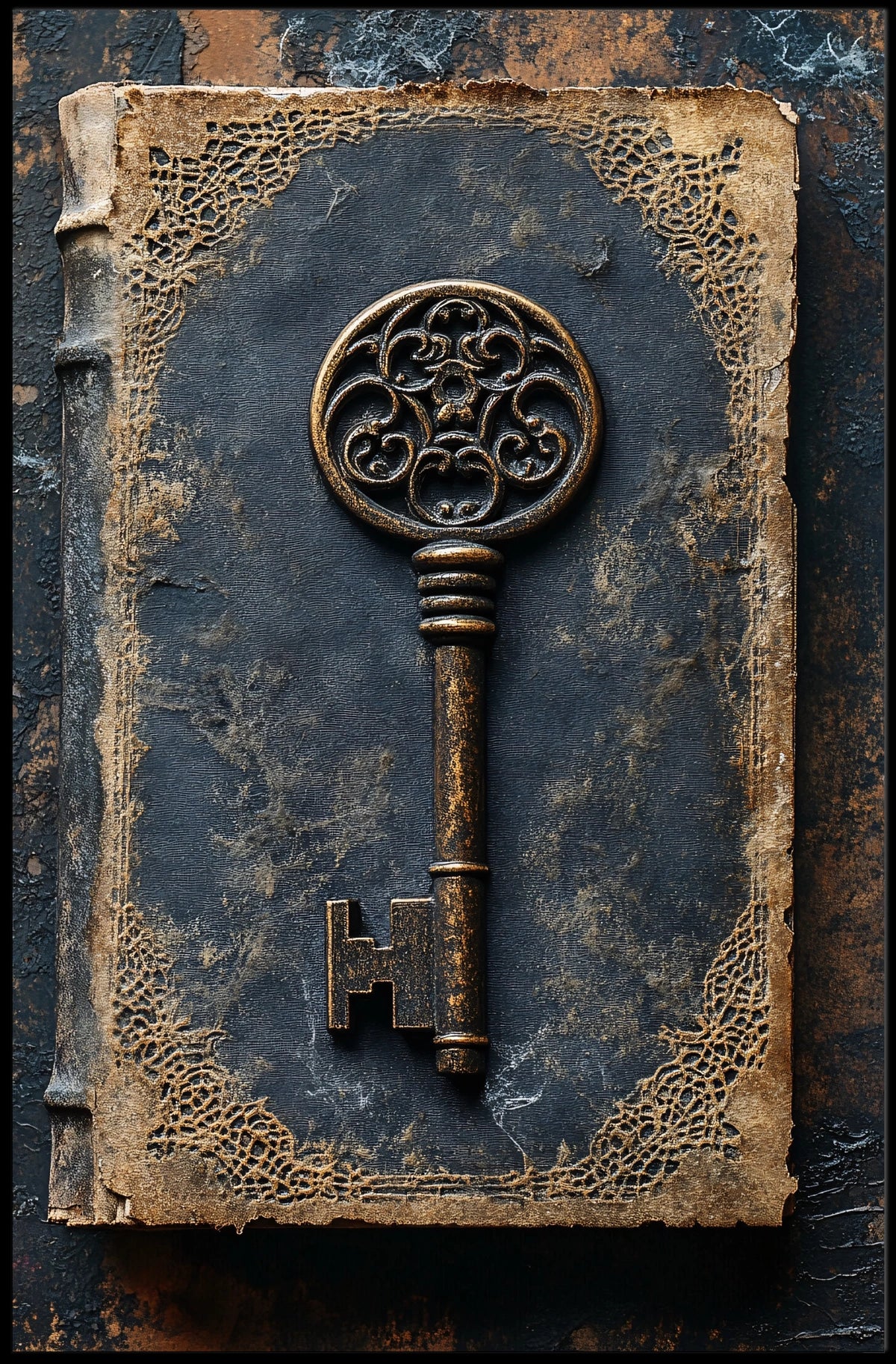 Antique Ornate Key on Aged Book Cultural Heritage Poster