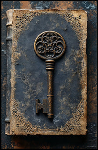 Antique Ornate Key on Aged Book Cultural Heritage Poster