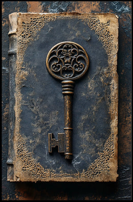 Antique Ornate Key on Aged Book Cultural Heritage Poster