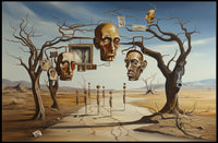 Surreal Desertscape with Floating Bronze Heads Artistic Poster