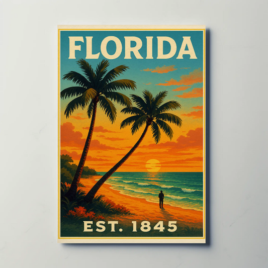 Florida Sunset Beach Walk Palms Horizon Travel Poster