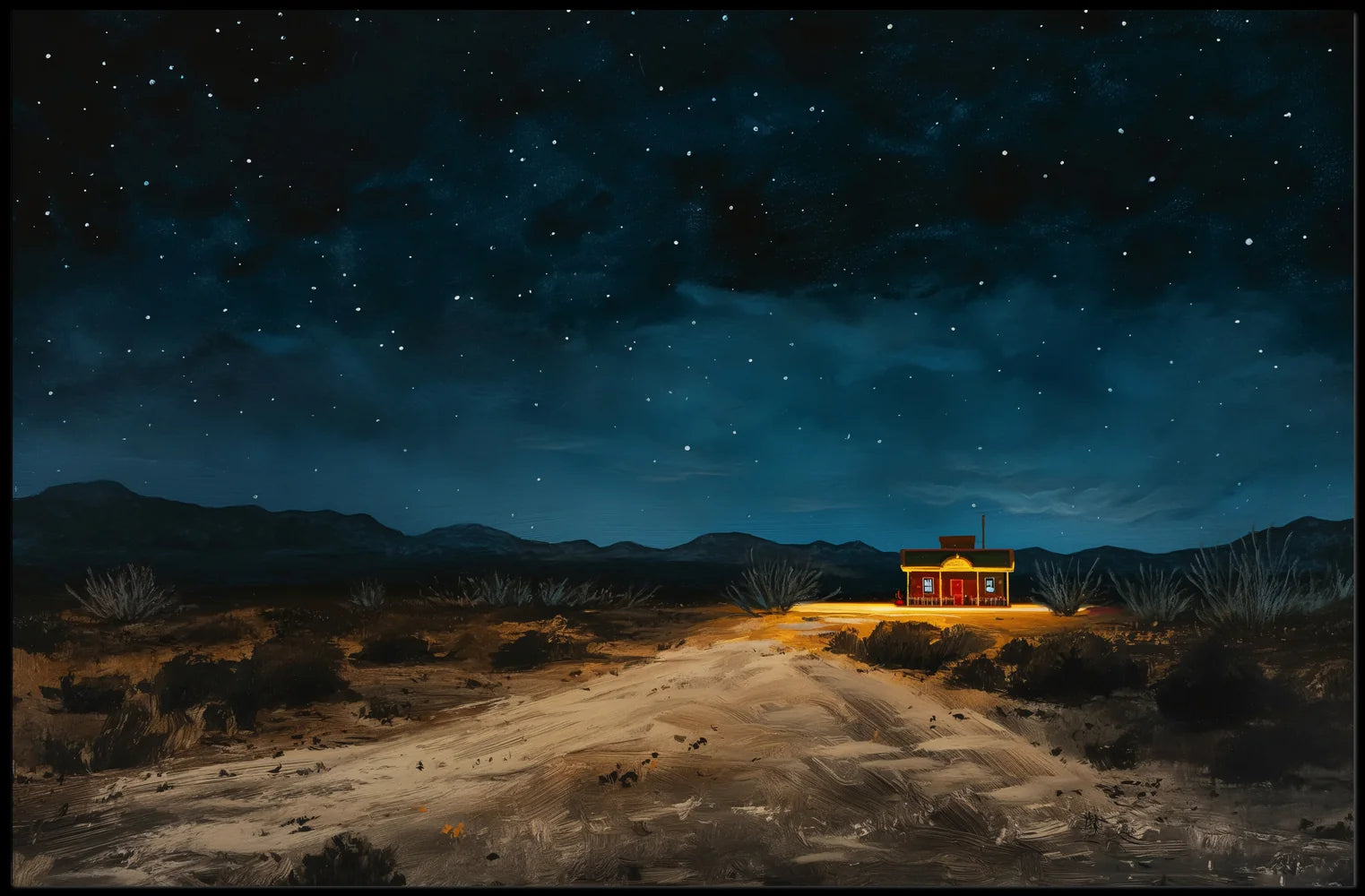 Desert Night Solitude: Tranquil Cabin Art Poster