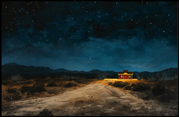 Desert Night Solitude: Tranquil Cabin Art Poster
