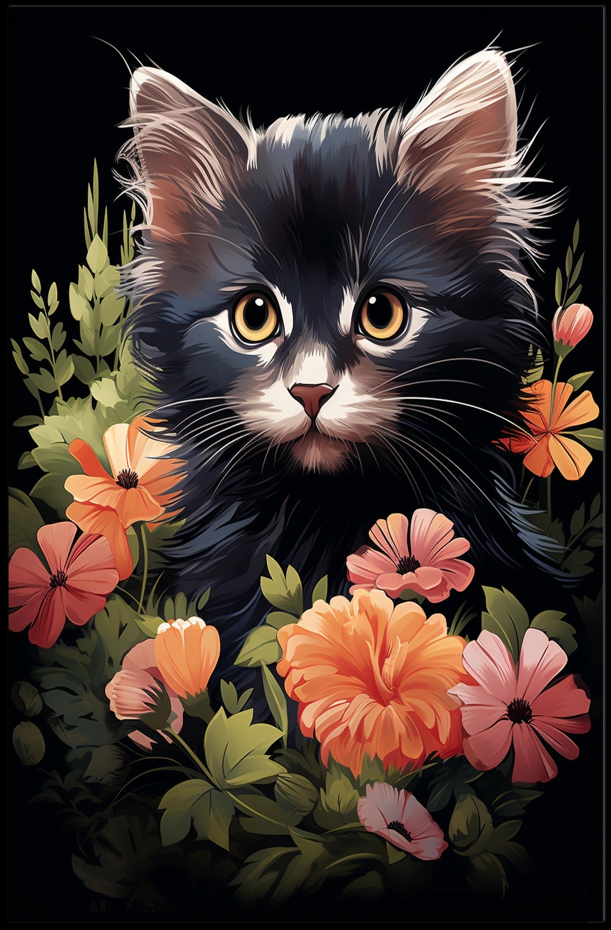 Charming Kitten and Floral Fantasy Art Poster