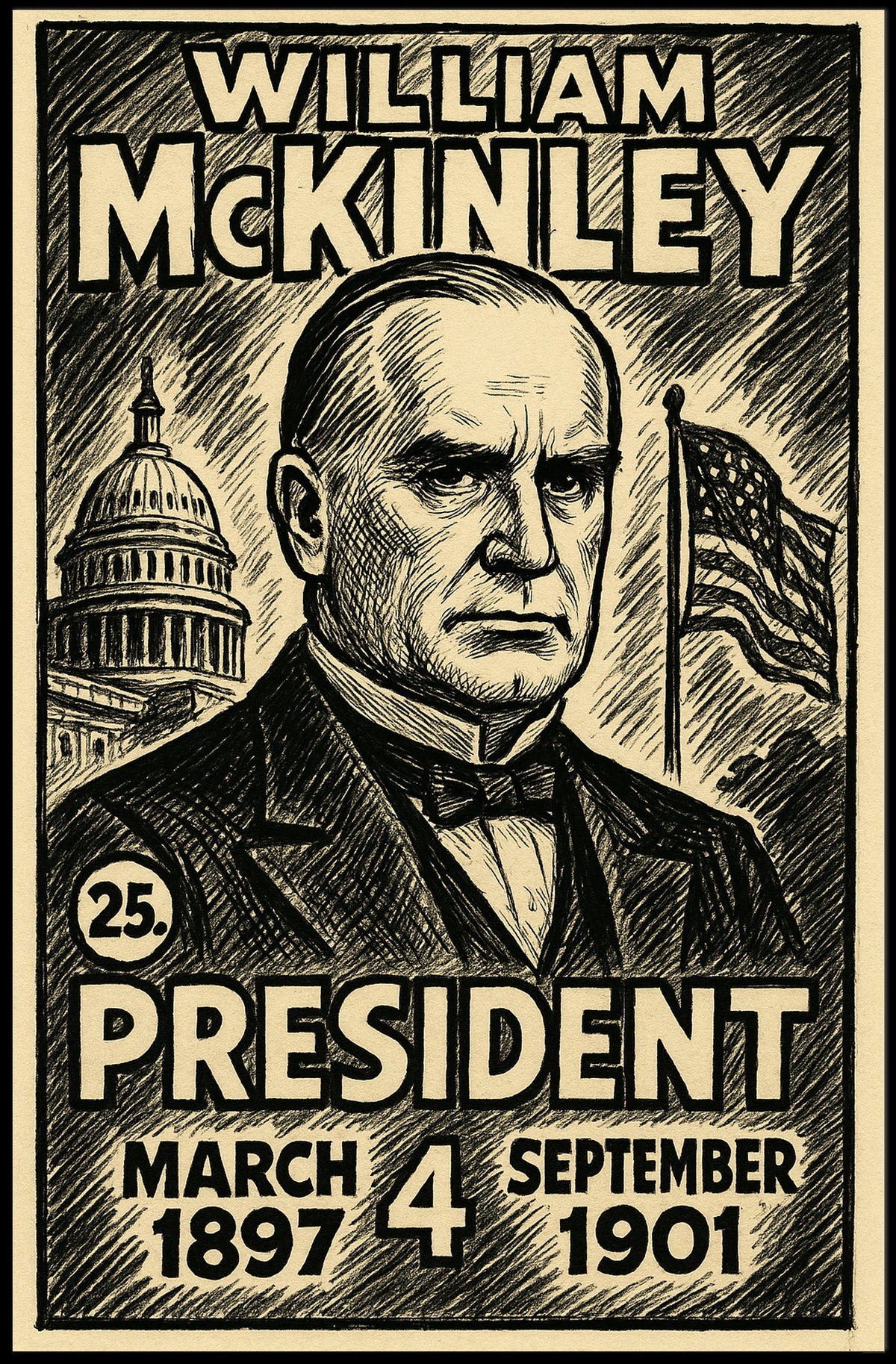William McKinley 25th President of the United States B & W Comic Sketch Poster