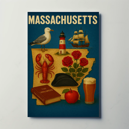 Massachusetts Symbols Map Lobster Ship Hat Poster