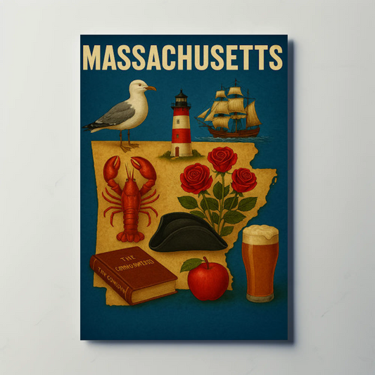 Massachusetts Symbols Map Lobster Ship Hat Poster