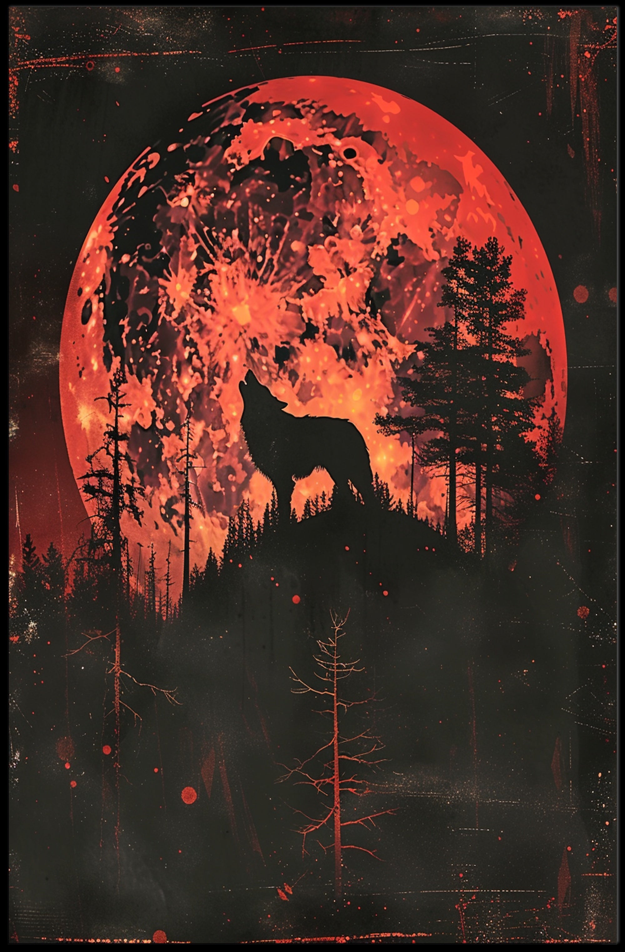 Mystical Wolf Howling at Fiery Red Moon PosterGoat