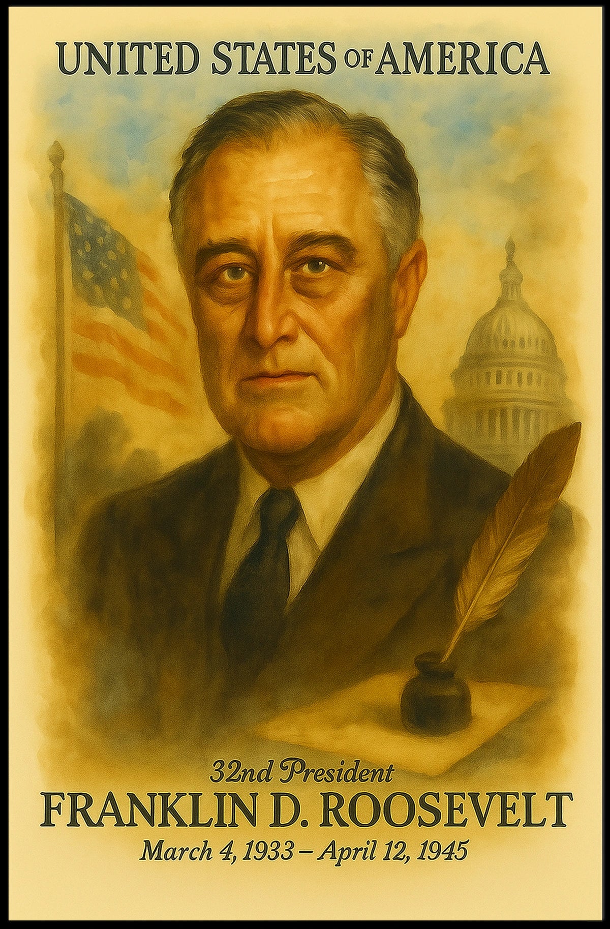 Franklin D. Roosevelt 32nd President of the United States Vintage Watercolor Poster