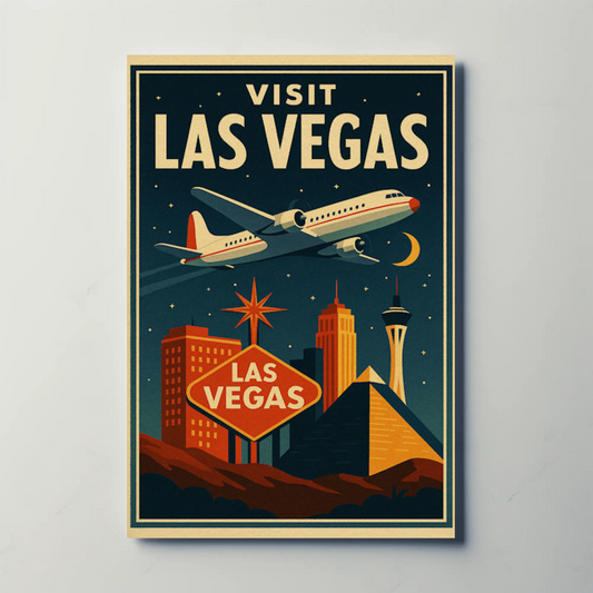 Visit Las Vegas Stylized Airliner Night Neon Glow Travel Poster