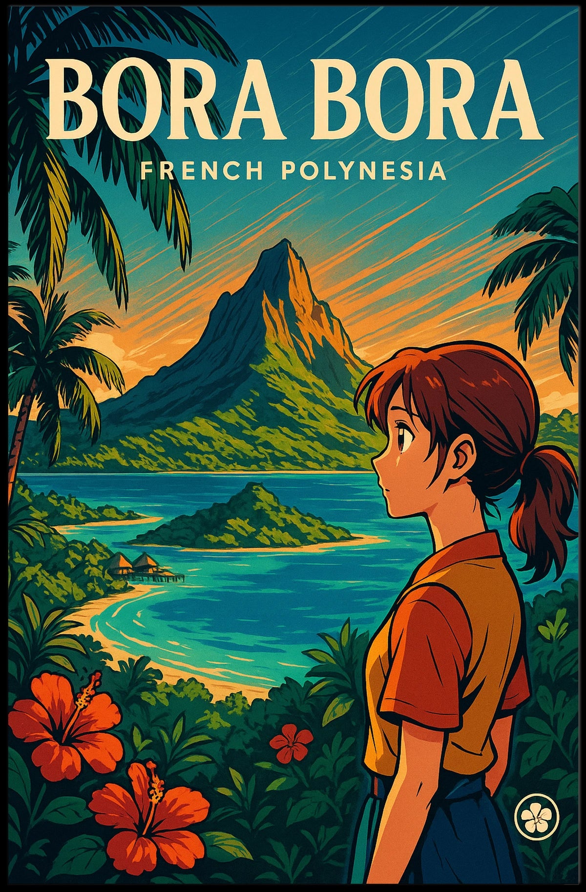 Vibrant Anime-Inspired Bora Bora Travel Poster