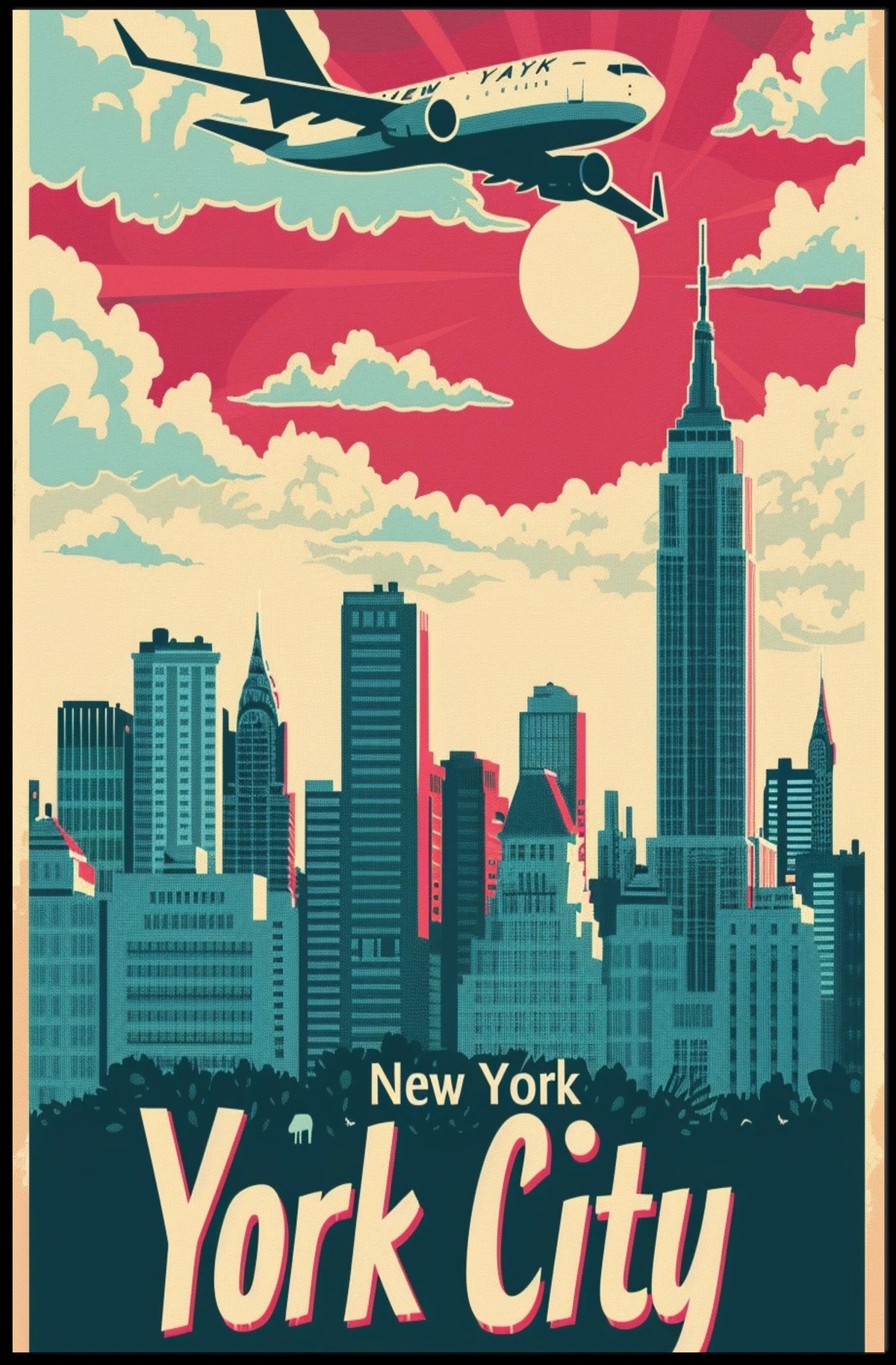 New York City Skyline Illustration Poster Retro Wall Art