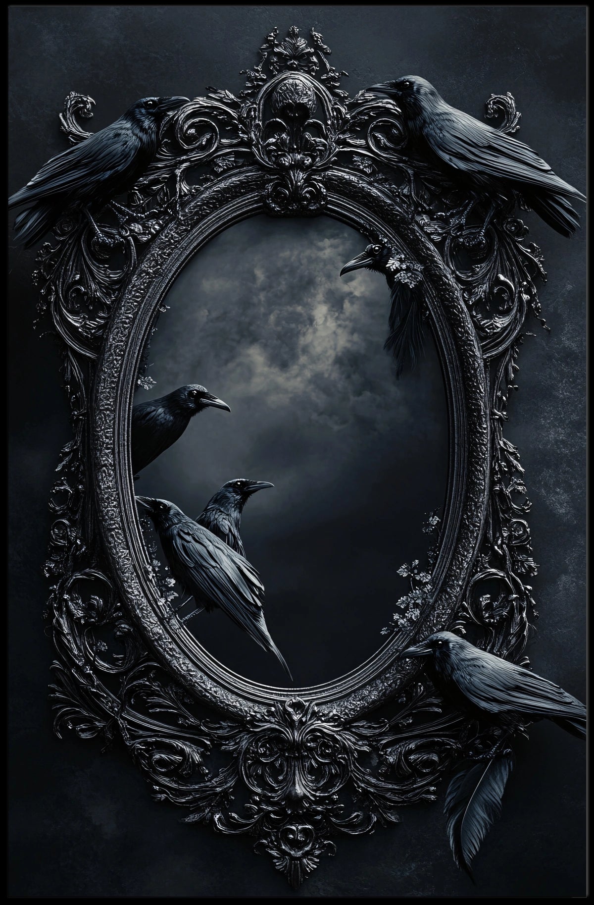 Gothic Baroque Mirror with Ravens Artistic or Pop Culture Poster