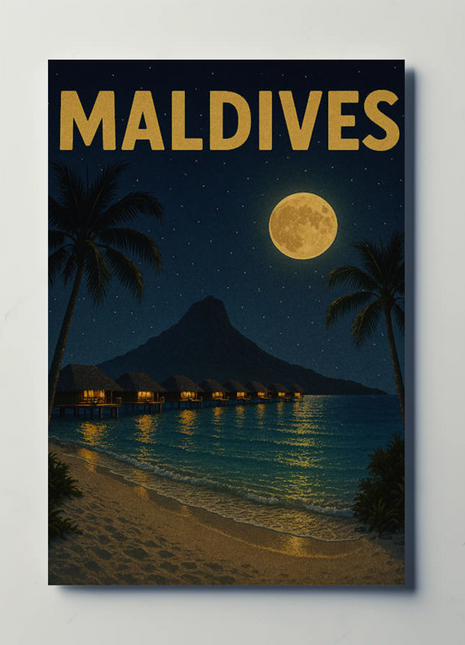 Maldives Overwater Bungalows Night Travel Poster
