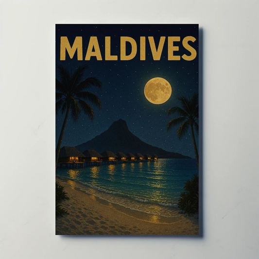 Maldives Overwater Bungalows Night Travel Poster