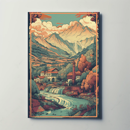 Alpine Village Waterfall And Peaks Travel Poster