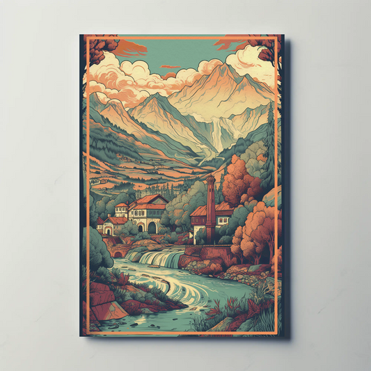 Alpine Village Waterfall And Peaks Travel Poster