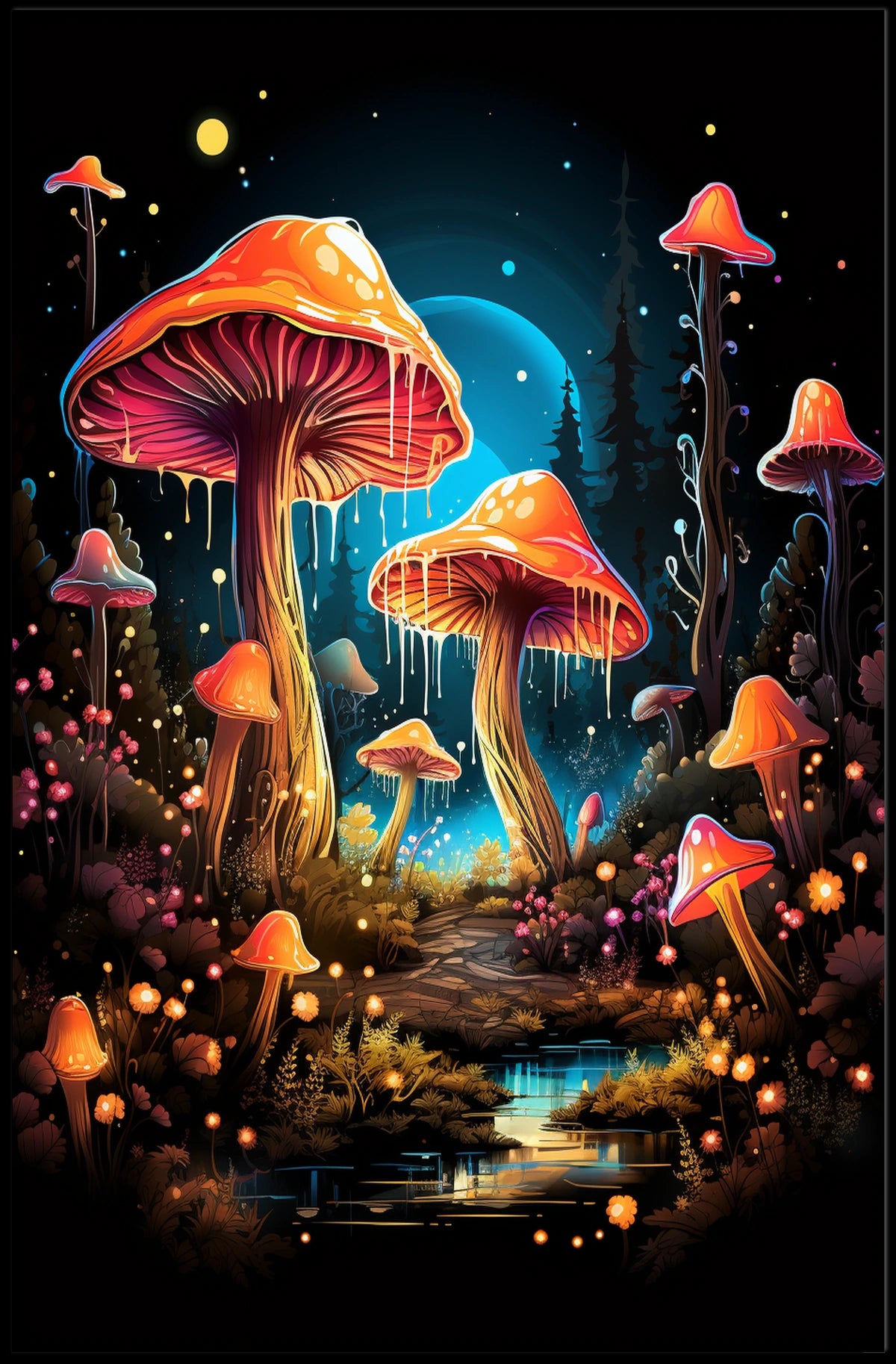 Enchanted Forest Glowing Mushrooms Fantasy Art Poster