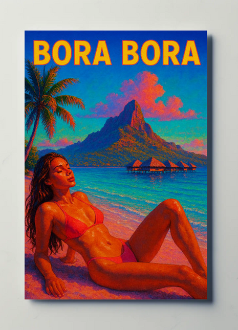 Bora Bora Beach Model Paradise Sunset Pink Travel Poster