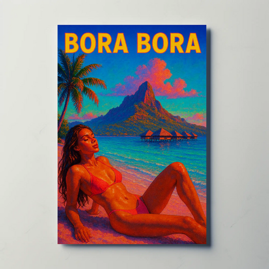 Bora Bora Beach Model Paradise Sunset Pink Travel Poster