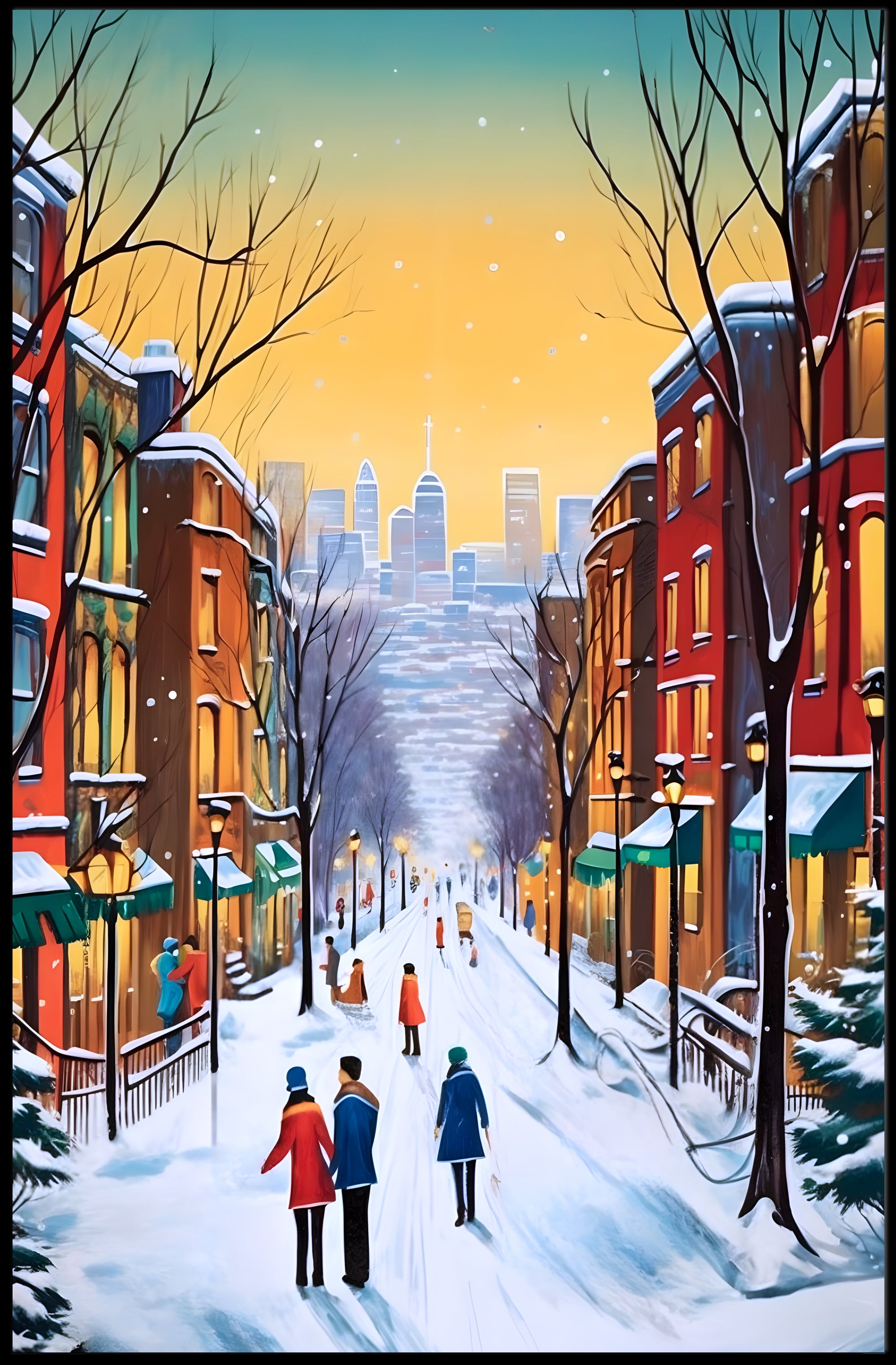 Charming Winter Street Scene in Urban Cityscape Poster